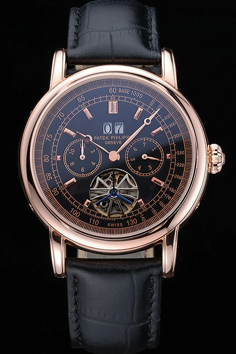 Patek Philippe Geneve Grand Complications Black Dial Tourbillon Rose Gold Bezel Black Band new118608