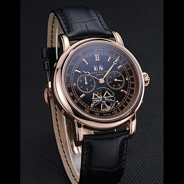 Patek Philippe Geneve Grand Complications Black Dial Tourbillon Rose Gold Bezel Black Band new60055