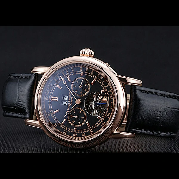 Patek Philippe Geneve Grand Complications Black Dial Tourbillon Rose Gold Bezel Black Band new60055