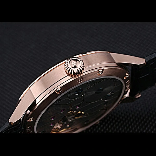 Patek Philippe Geneve Two Dial Black Dial Rose Gold Bezel Black Leather Band new60045