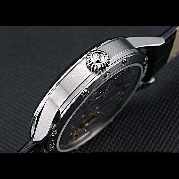 Patek Philippe Geneve Two Dial Black Dial Stainless Steel Bezel Black Leather Band new60044