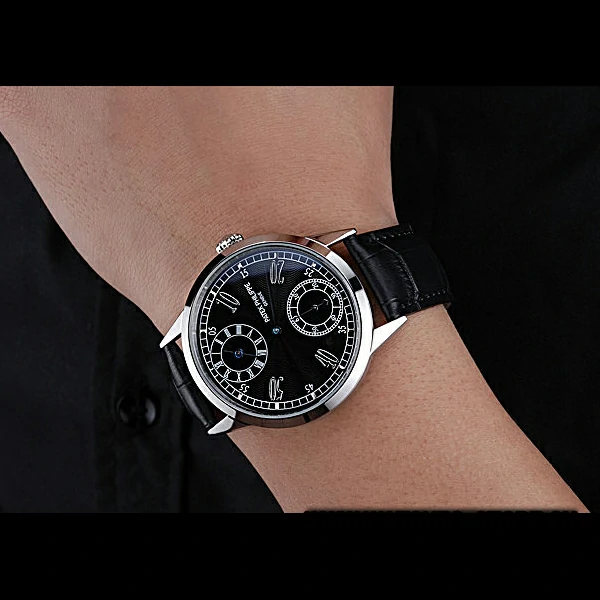 Patek Philippe Geneve Two Dial Black Dial Stainless Steel Bezel Black Leather Band new60044