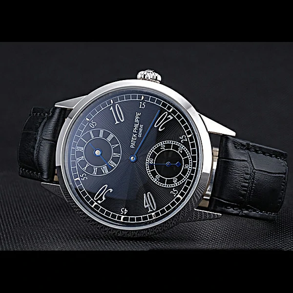 Patek Philippe Geneve Two Dial Black Dial Stainless Steel Bezel Black Leather Band new60044