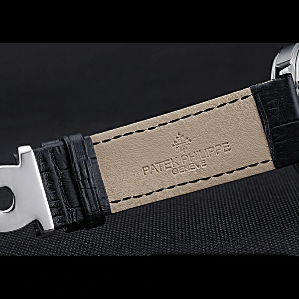 Patek Philippe Geneve Two Dial Black Dial Stainless Steel Bezel Black Leather Band new60044