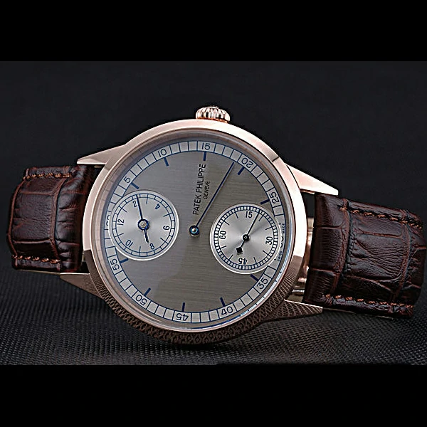 Patek Philippe Geneve Two Dial Gray Dial Rose Gold Bezel Brown Leather Band new60047