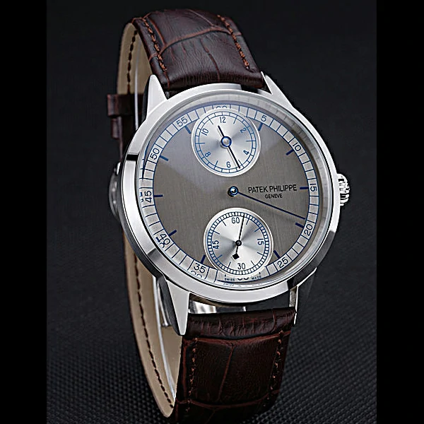 Patek Philippe Geneve Two Dial Gray Dial Stainless Steel Bezel Brown Leather Band new60046