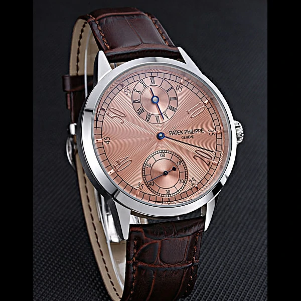 Patek Philippe Geneve Two Dial Rose Dial Stainless Steel Brown Leather Band new60049