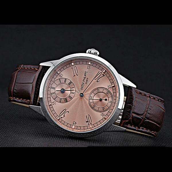 Patek Philippe Geneve Two Dial Rose Dial Stainless Steel Brown Leather Band new60049