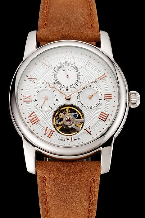 Patek Philippe Grand Complications Day Date Tourbillon White Dial Rose Gold Numerals Stainless Steel Case Brown Suede Leather Strap new123923
