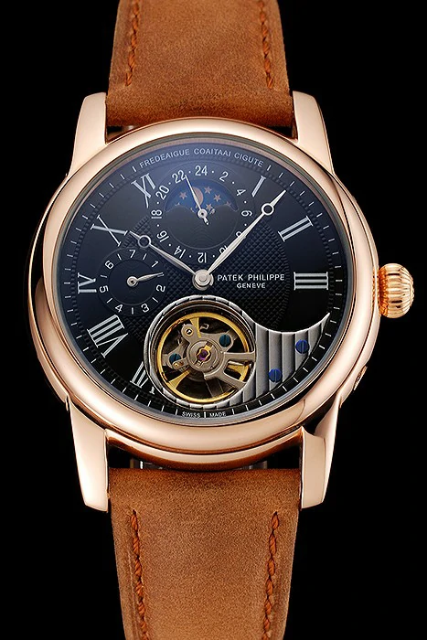 Patek Philippe Grand Complications GMT Moonphase Tourbillon Black Dial Rose Gold Case Brown Suede Leather Strap new123926