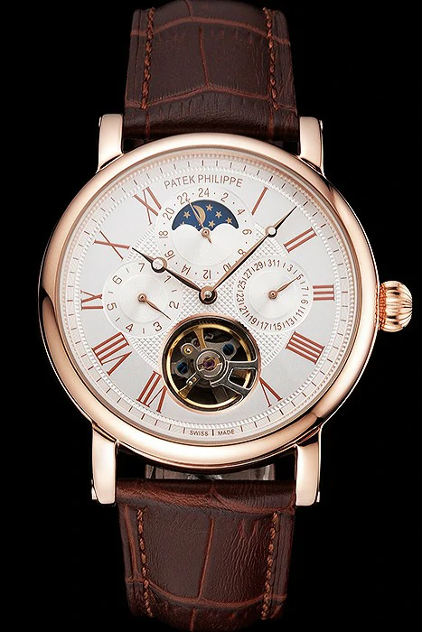 Patek Philippe Grand Complications Moonphase Perpetual Calendar Tourbillon White Dial Rose Gold Case Brown Leather Strap new122623