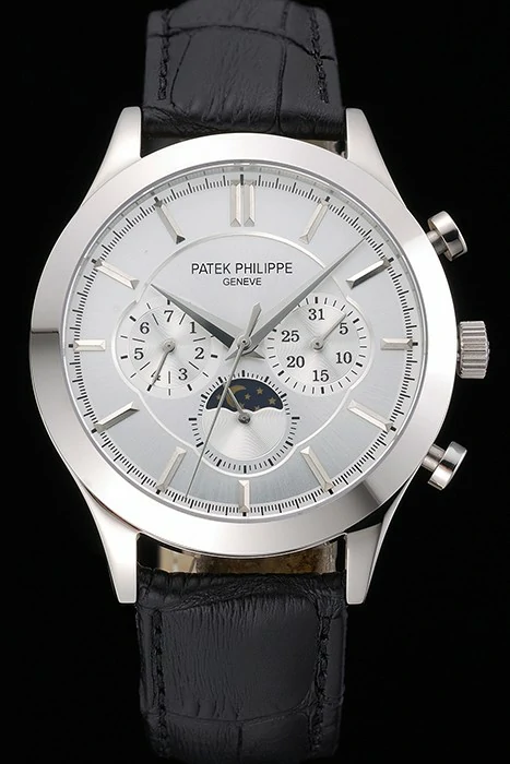 Patek Philippe Moonphase White Dial Stainless Steel Case Black Leather Strap new120817