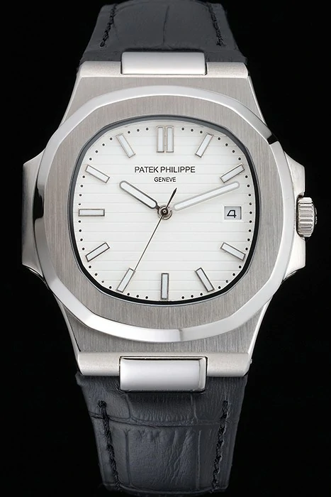 Patek Philippe Nautilus White Dial Brushed Stainless Steel Case Black Leather Strap new121409