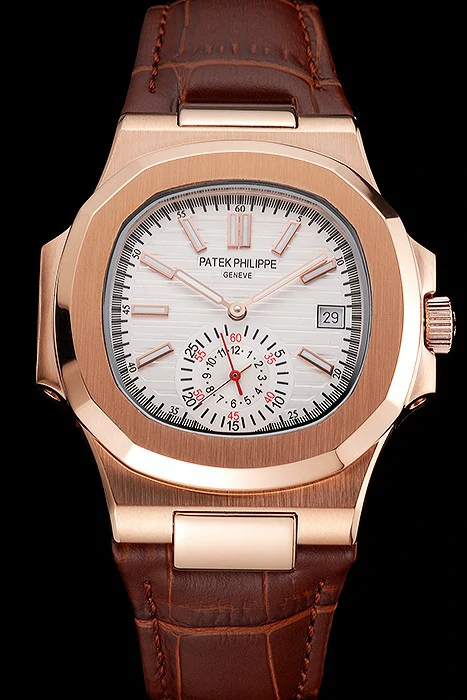 Patek Philippe Nautilus White Dial Rose Gold Case Brown Leather Strap new121967