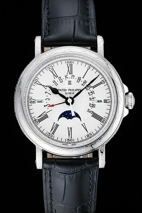 Patek Philippe Perpetual Calendar Retrograde Date White Dial Engraved Silver Case Black Leather Bracelet new125144