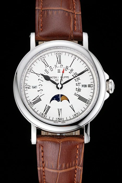 Patek Philippe Perpetual Calendar Retrograde Date White Dial Silver Case Brown Leather Bracelet new125146