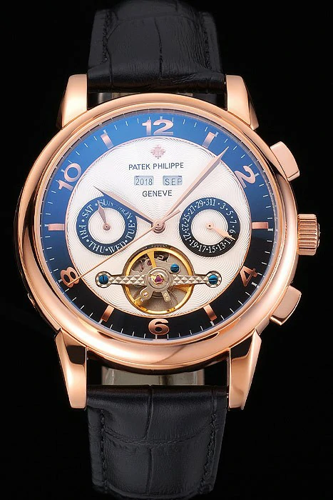 Patek Philippe Perpetual Calendar Tourbillon Two Tone Dial Rose Gold Case Black Leather Strap new121086