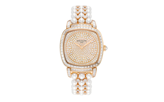 Patek Philippe Replica Watch Ladies Gondolo Haute Joaillerie, 18kt Rose Gold set with diamonds and Akoya pearls, 31 × 34.8mm, 7042/100R-010