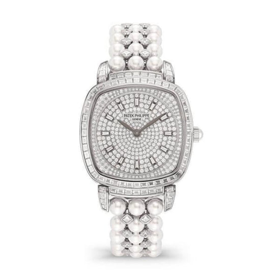 Patek Philippe Replica Watch Ladies Gondolo Haute Joaillerie, 18kt White Gold set with diamonds and Akoya pearls, 31 × 34.8mm, 7042/100G-010