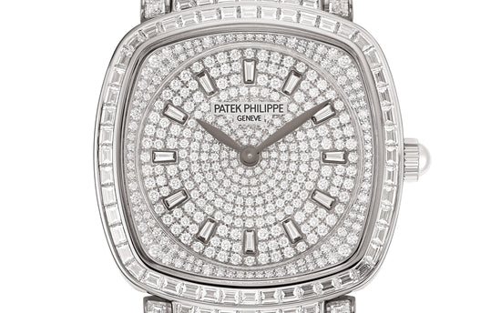 Patek Philippe Replica Watch Ladies Gondolo Haute Joaillerie, 18kt White Gold set with diamonds and Akoya pearls, 31 × 34.8mm, 7042/100G-010