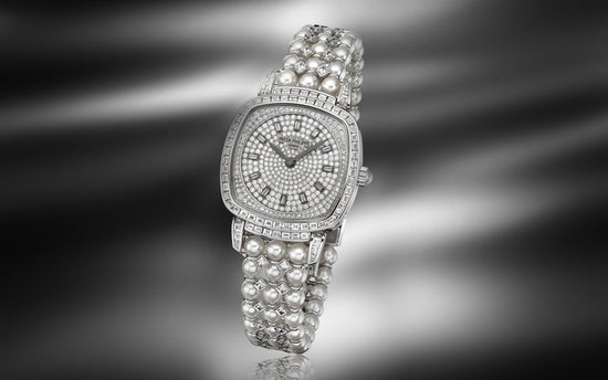 Patek Philippe Replica Watch Ladies Gondolo Haute Joaillerie, 18kt White Gold set with diamonds and Akoya pearls, 31 × 34.8mm, 7042/100G-010