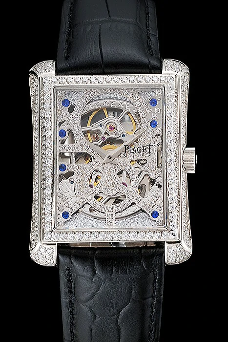 Piaget Emperador Tourbillon Skeleton Silver Diamond Case Black Leather Bracelet new124559