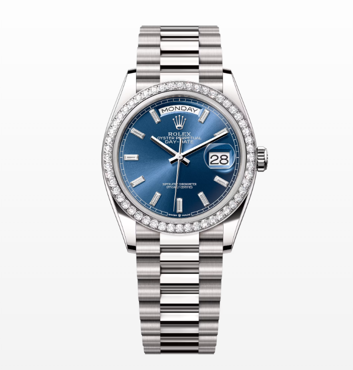 Replica Rolex Day-Date Bright Blue Dial 36MM Diamond Bezel Watch