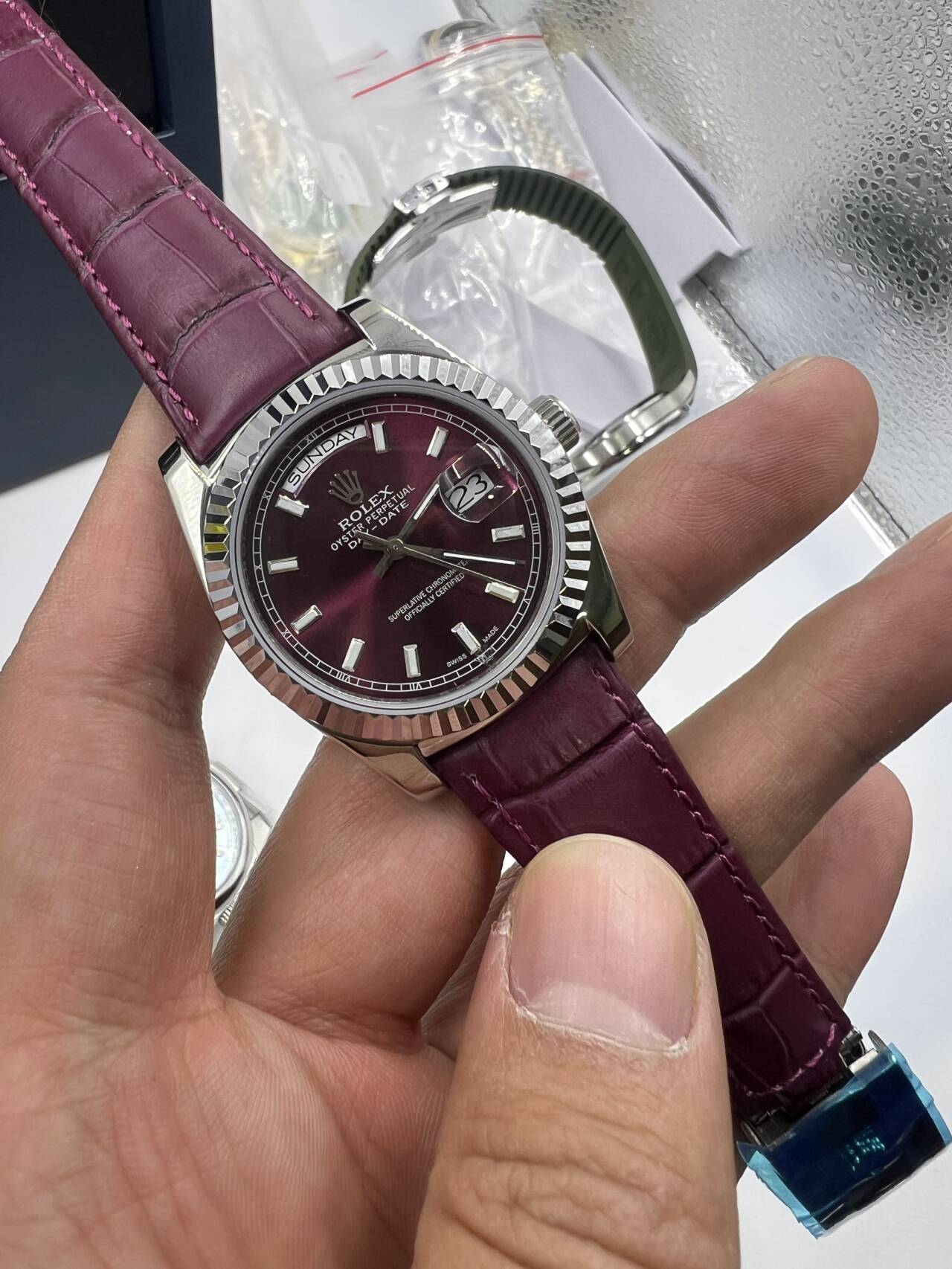 Replica Rolex Day Date Purple Dial Purple Leather Strap Watch New25023