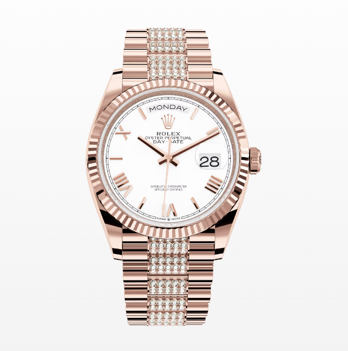 Replica Rolex Day-Date White Dial Fluted Bezel 36MM Rose Gold Watch