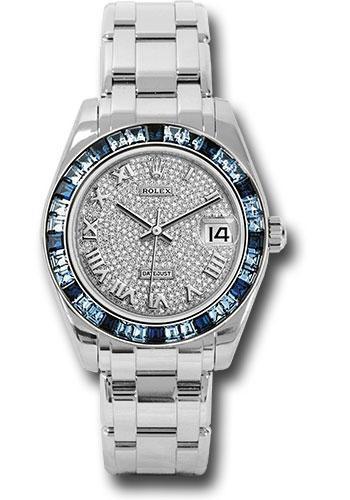 Replica Rolex White Gold Datejust Pearlmaster 34 Watch - 12 Blue And 24 Light-Blue Sapphire Baguettes Bezel - Diamond Paved Roman Dial