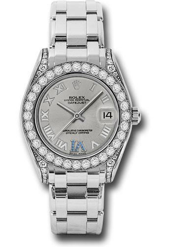 Replica Rolex White Gold Datejust Pearlmaster 34 Watch - 34 Diamond Bezel - Silver Roman Dial