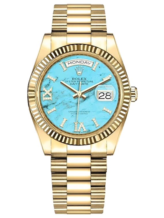 Replica Rolex Yellow Gold Day-Date 36 - Fluted Bezel - Turquoise Dial - President Bracelet 128238-0071