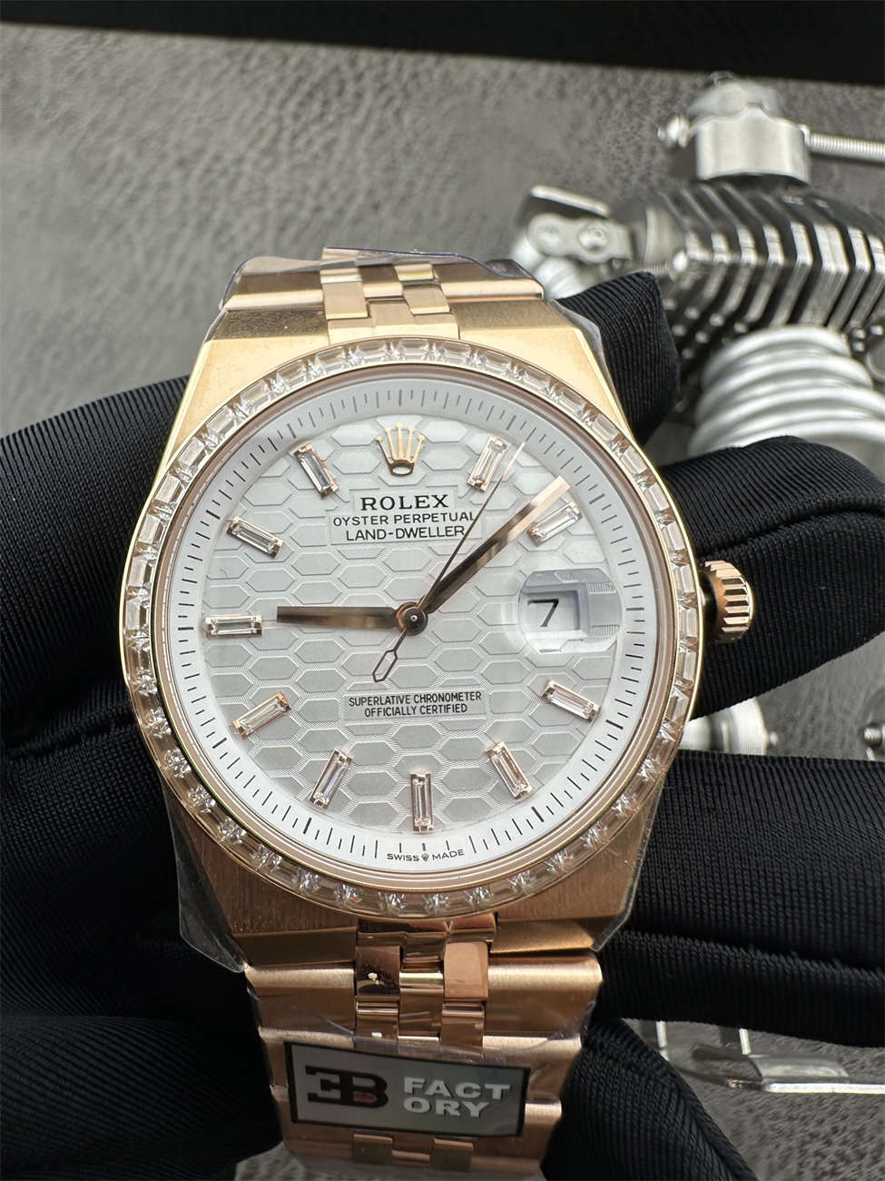 3B Factory Rolex 127385TBR 0003 Replica – Rose Gold Diamond Bezel Honeycomb Dial