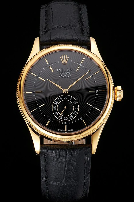 Rolex Cellini Black Dial Gold Case Black Leather Strap new121590