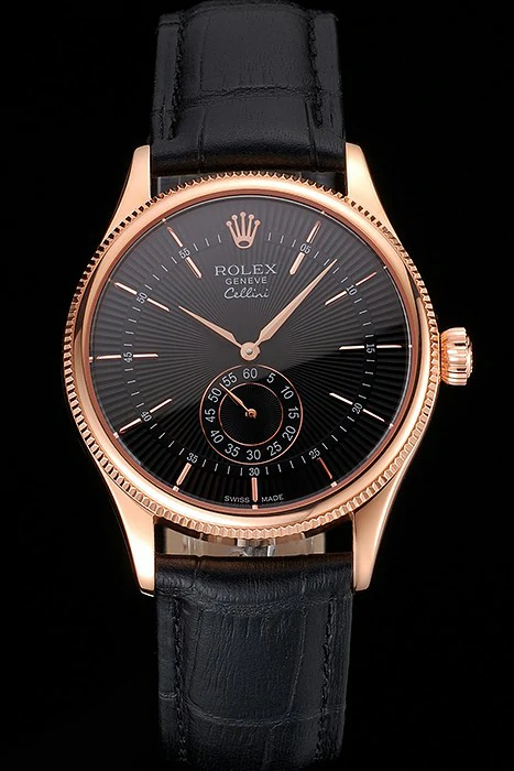Rolex Cellini Black Dial Rose Gold Case Black Leather Strap new121591