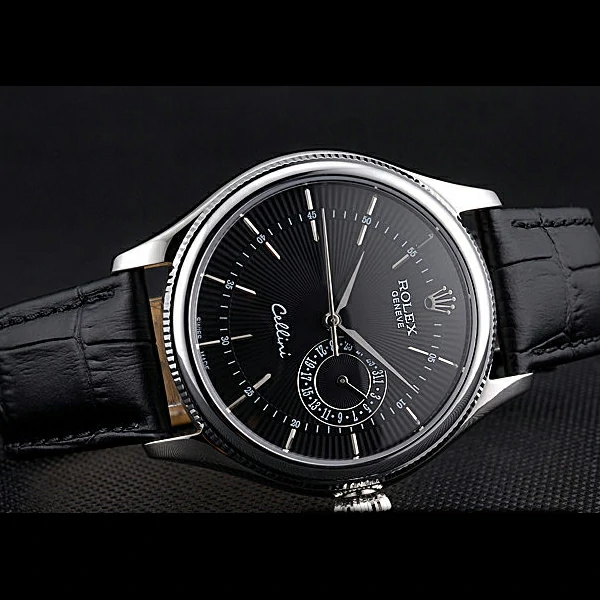 Rolex Cellini Black Dial Stainless Steel Case Black Leather Bracelet new60650