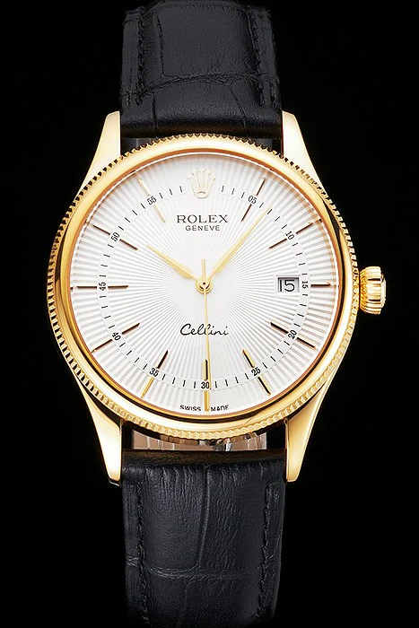 Rolex Cellini Date White Dial Gold Case Black Leather Strap new121605