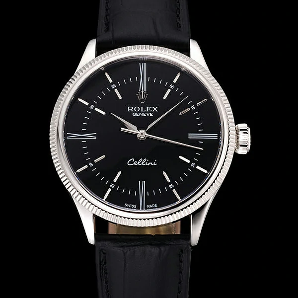 Rolex Cellini Time Silver Case Black Dial Black Leather Bracelet new60538