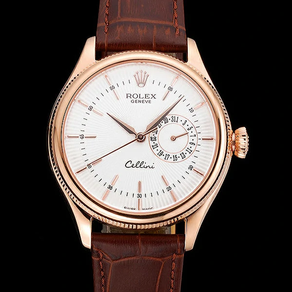 Rolex Cellini White Rose Dial Gold Case Brown Leather Bracelet new60651