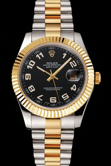 Rolex Datejust Black Dial Gold Bezel Stainless Steel Case Two Tone Bracelet new122501