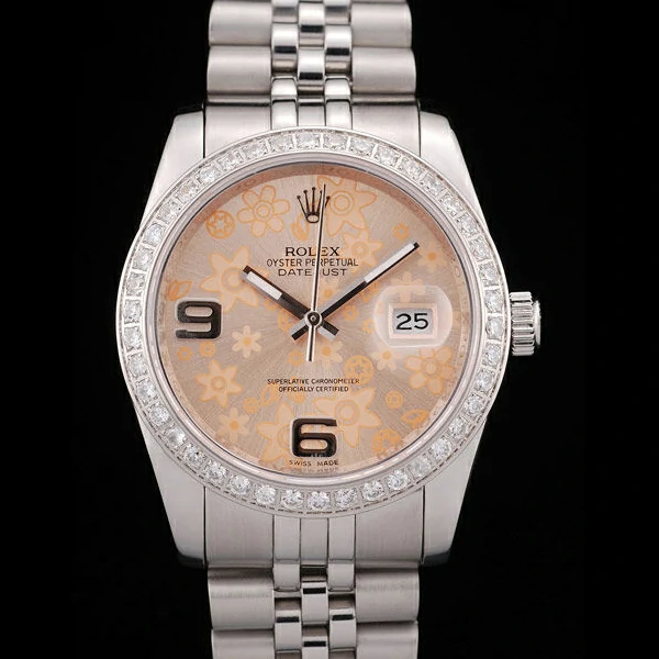 Rolex DateJust Brushed Stainless Steel Case Orange Flowers Dial Diamonds Plated new58680