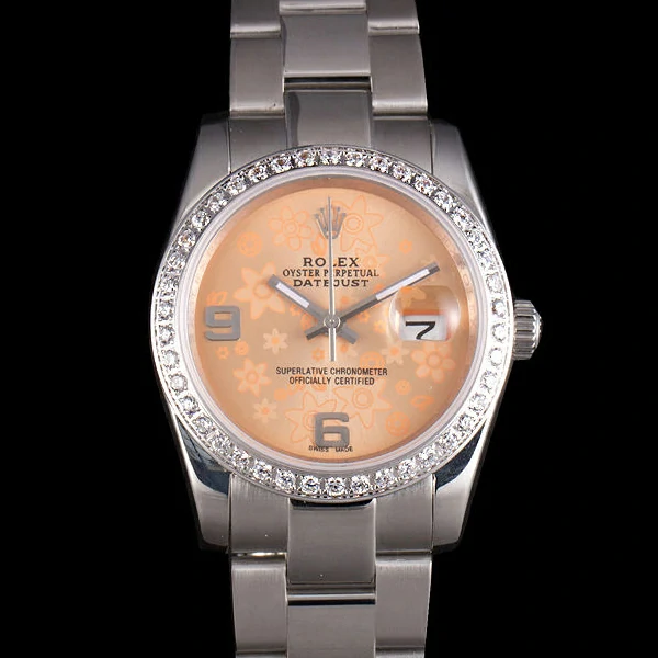 Rolex Datejust Polished Stainless Steel Orange Flowers Dial Diamond Plated new58021