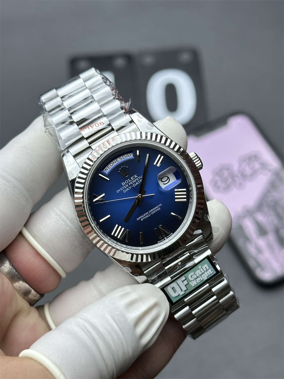 Rolex Day-Date 36 White Gold Replica (QF Factory) – 158g Tungsten Blue Ombré