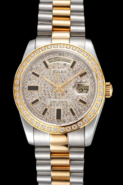 Rolex Day Date Diamond Pave Dial And Bezel Stainless Steel Case Two Tone Bracelet new123402