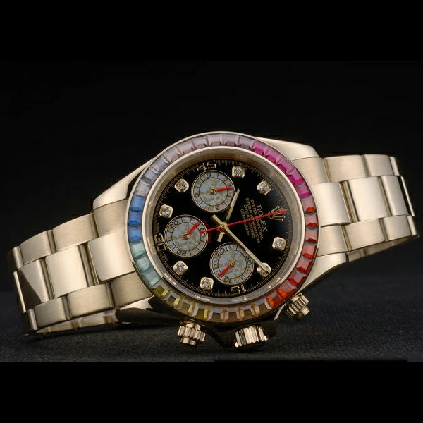 Rolex Daytona Cosmograph Rainbow Crystals Bezel Rose Gold Strap Black Dial new59215