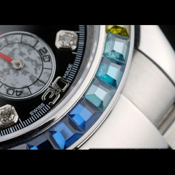 Rolex Daytona Cosmograph Rainbow Crystals Bezel Stainless Steep Strap Black Dial new59214