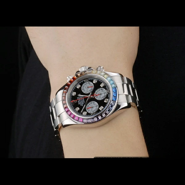 Rolex Daytona Cosmograph Rainbow Crystals Bezel Stainless Steep Strap Black Dial new59214