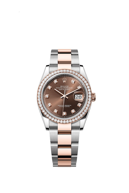 Rolex Replica Watch Datejust 36, Oystersteel and 18k Everose Gold, Chocolate sunray set with 10 diamonds dial, Diamond-set bezel Oyster, 126281rbr-0042