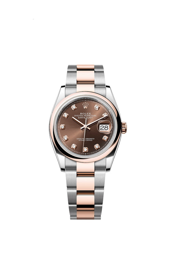 Rolex Replica Watch Datejust 36, Oystersteel and 18k Everose Gold, Chocolate sunray set with 10 diamonds dial, Domed Oyster, 126201-0054