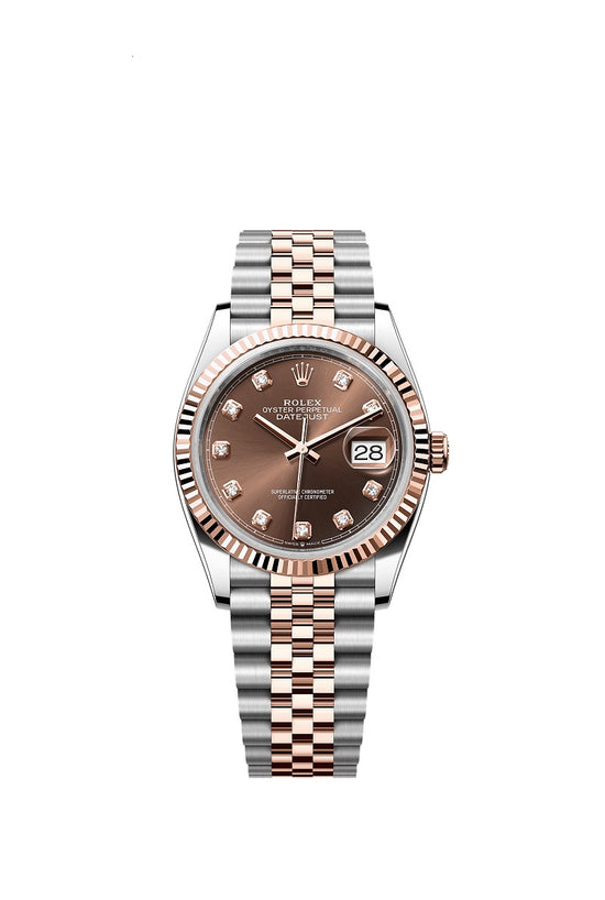 Rolex Replica Watch Datejust 36, Oystersteel and 18k Everose Gold, Chocolate sunray set with 10 diamonds dial, Fluted Jubilee, 126231-0053